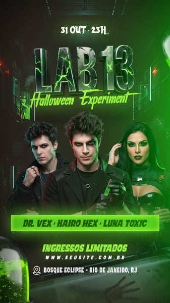 FLYER LAB 13 HALLOWEEN EXPERIMENT STORY PSD EDITÁVEL