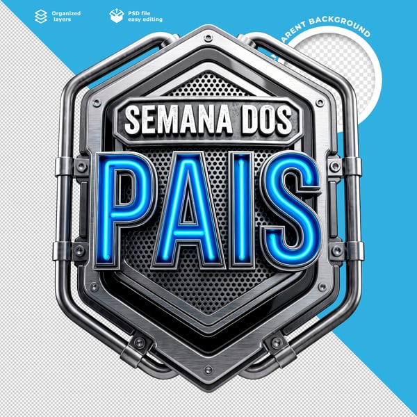 BADGE 3D SEMANA DOS PAIS AZUL NEON COM EFEITO METÁLICO E DESIGN MODERNO