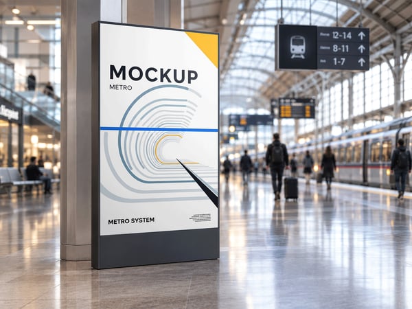 TELA DIGITAL MOCKUP NA ESTAÇÃO DE TREM PLATAFORMA AO FUNDO