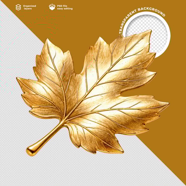 FOLHA DE OUTONO DOURADA BRILHANTE COM TEXTURA METÁLICA E DETALHES REALISTAS