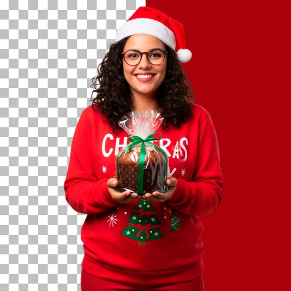 IMAGEM DE MULHER COM ROUPA NATALINA VERMELHA SEGURANDO NAS MÃOS PANETONE PNG
