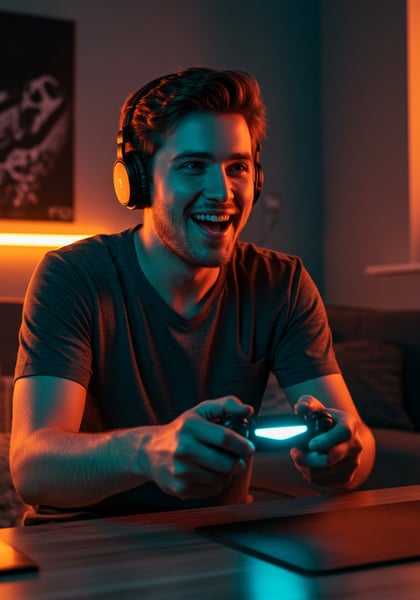 JOVEM GAMER FELIZ JOGANDO VIDEOGAME COM FONES DE OUVIDO E CONTROLE EM AMBIENTE NEON
