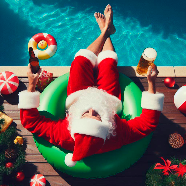 PAPAI NOEL EM BÓIA NA BEIRA DA PISCINA COM CERVEJA NA MÃO