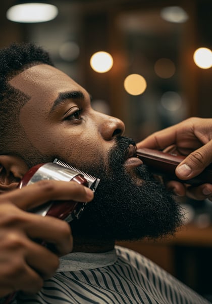 BARBEIRO APARANDO A BARBA DE UM HOMEM NEGRO