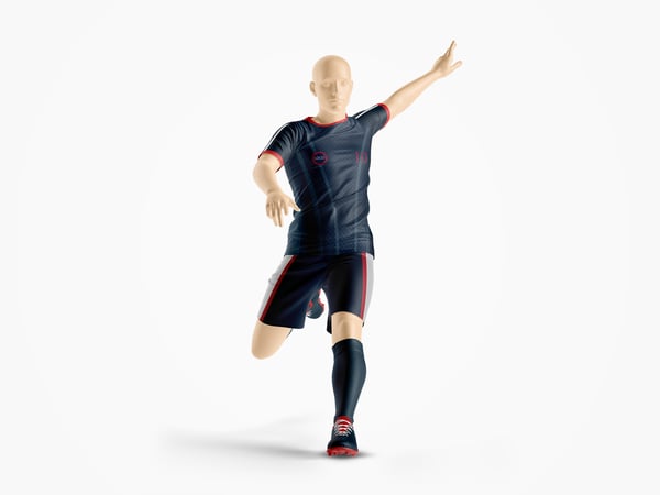 UNIFORME DE FUTEBOL CHUTANDO MOCKUP ROUPA VESTUÁRIO JOGO TREINO BOL GOL TORCIDA TIME ATLETA PSD
