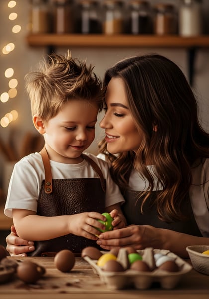 Mãe e filho na cozinha fazendo ovo de páscoa 03