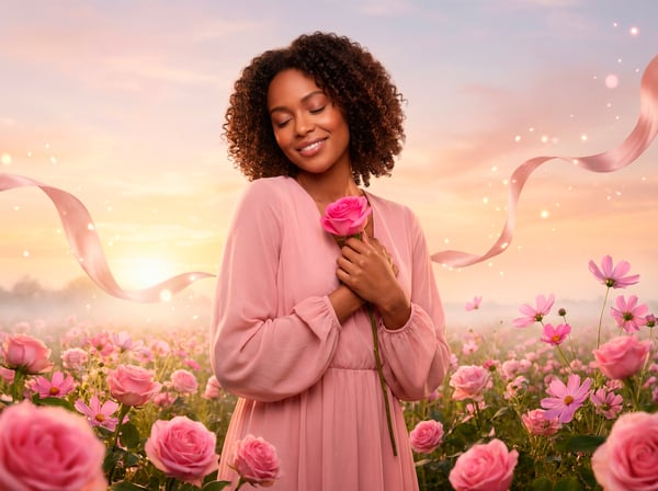 IMAGEM PARA COMPOSIÇÃO MULHER EM UM CAMPO DE FLORES FELIZ
