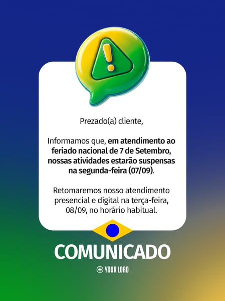 COMUNICADO DE SUSPENSÃO 7 DE SETEMBRO SOCIAL MEDIA FLYER PSD EDITÁVEL