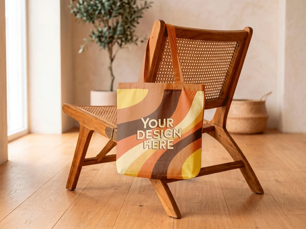 SACOLA DE TECIDO MOCKUP SOBRE CADEIRA AMBIENTE INTERNO