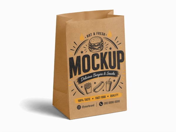 SACO DE PAPEL PARA COMIDA MOCKUP EM ESTÚDIO VISTA FRONTAL