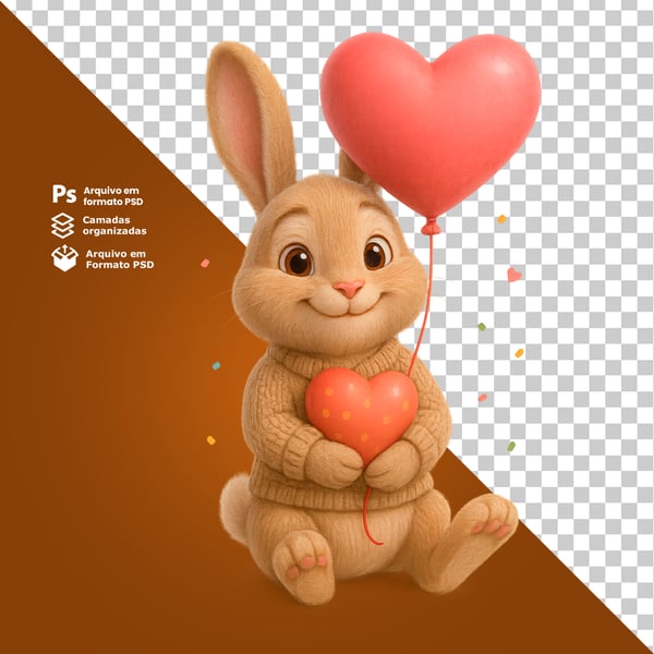 TML COELHO COM BALÃO E CORAÇÃO NAS MÃOS EM CLIMA ROMÂNTICO COMPOSIÇÃO 3D