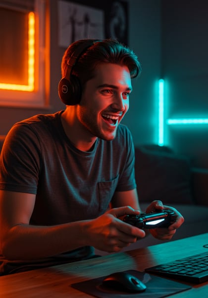 JOVEM GAMER FELIZ COM FONES DE OUVIDO JOGANDO VIDEOGAME EM AMBIENTE NEON VIBRANTE