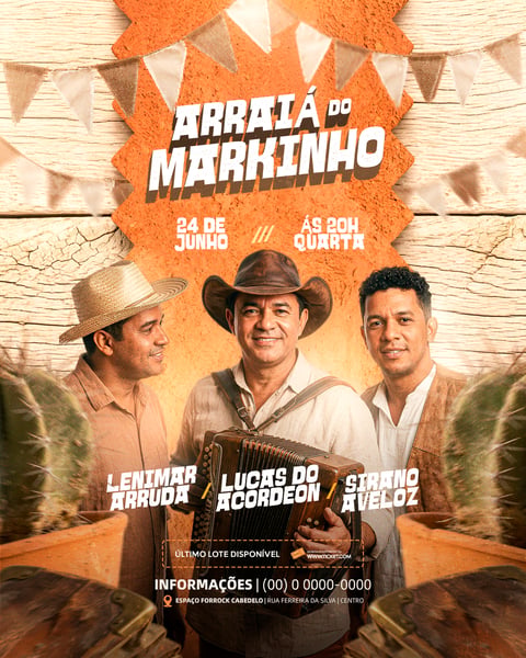 FLYER DE SHOW SÃO JOÃO ARRAIÁ DO MARKINHO JUNHO FESTA EVENTO PSD EDITÁVEL 2