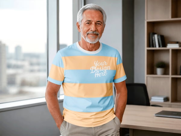 Camiseta mockup em escritorio homem idoso junto a janela