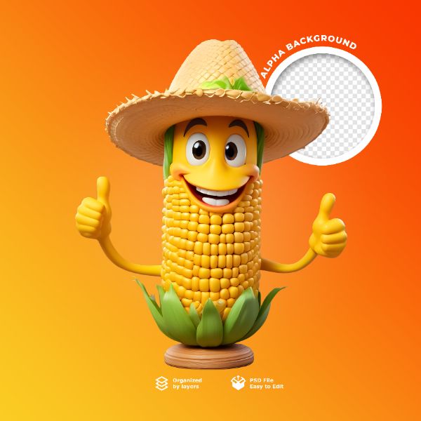 UM PERSONAGEM MILHO FELIZ EM 3D PARA SÃO JOAO