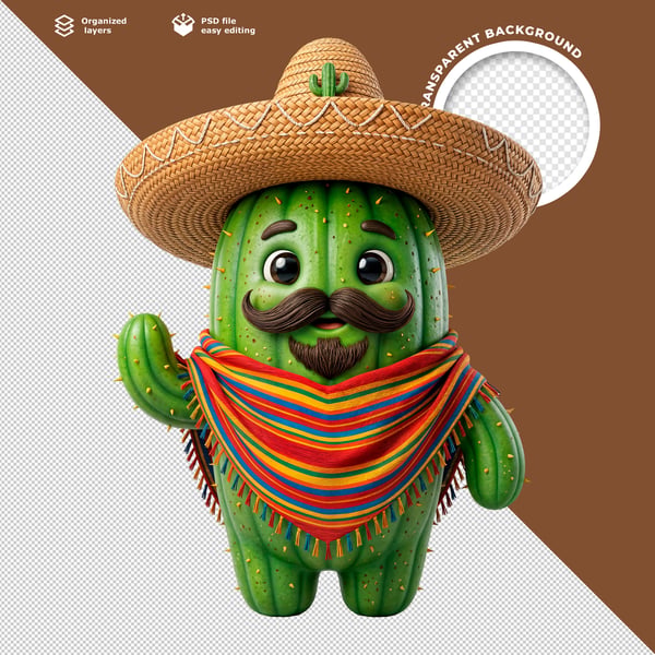 3D MEXICAN CACTUS CHARACTER WITH SOMBRERO AND COLORFUL BANDANA FUN