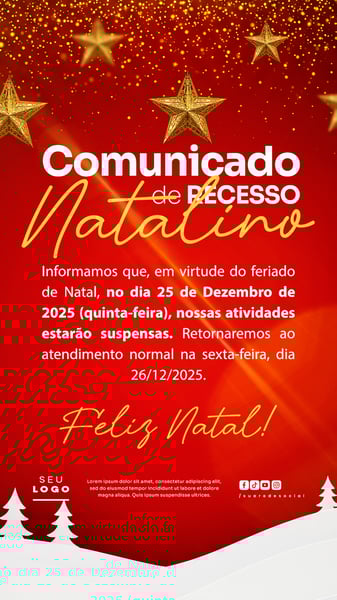 COMUNICADO DE NATAL AVISO ANÚNCIO RECESSO FERIADO SOCIAL MEDIA PSD EDITÁVEL STORY 8