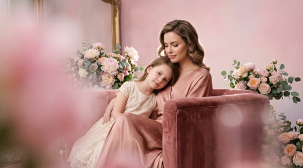 IMAGEM PARA COMPOSIÇÃO CINEMATOGRÁFICA MÃE ABRAÇANDO A FILHA EM UMA POLTRONA PENSATIVAS
