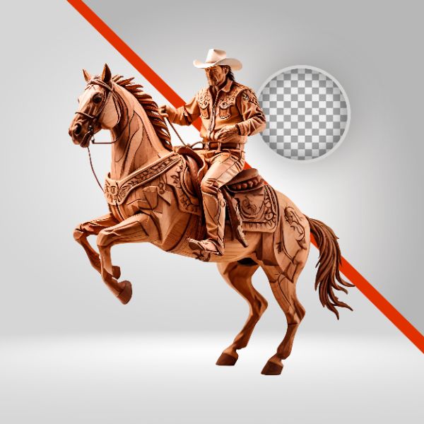 VAQUEIRO DE MADEIRA, VELHO OESTE, ESCULTURA DE PEÃO, CAVALGADA, VAQUEJADA, ELEMENTO 3D-IA PNG, CAVALO ALAZÃO, SERTANEJO