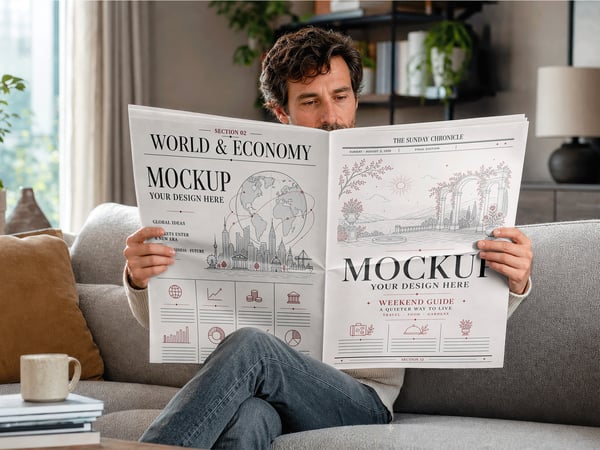 JORNAL MOCKUP NA SALA DE ESTAR PESSOA NO SOFÁ
