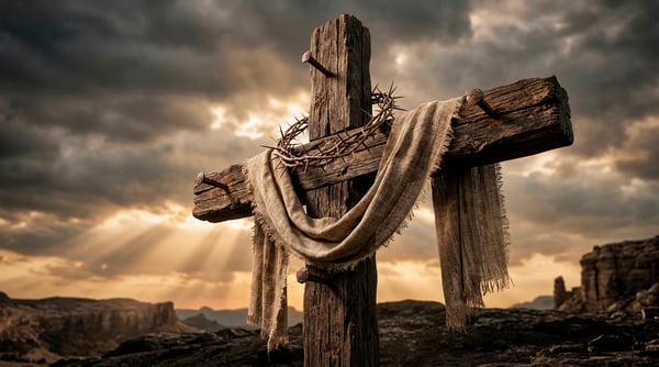 IMAGEM PARA COMPOSIÇÃO CRUZ SOBRE UM CÉU CINEMATOGRÁFICO COM UMA COROA DE ESPINHOS E PANO BRANCO E PREGOS