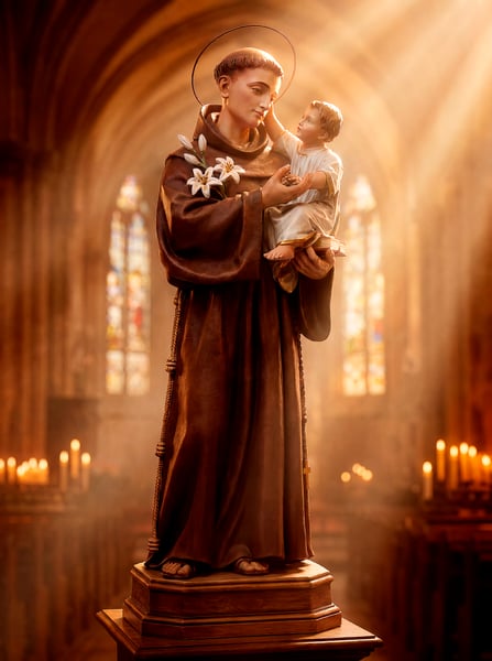 IMAGEM IA ESTÁTUA DE SANTO ANTÔNIO SEGURANDO MENINO JESUS 1