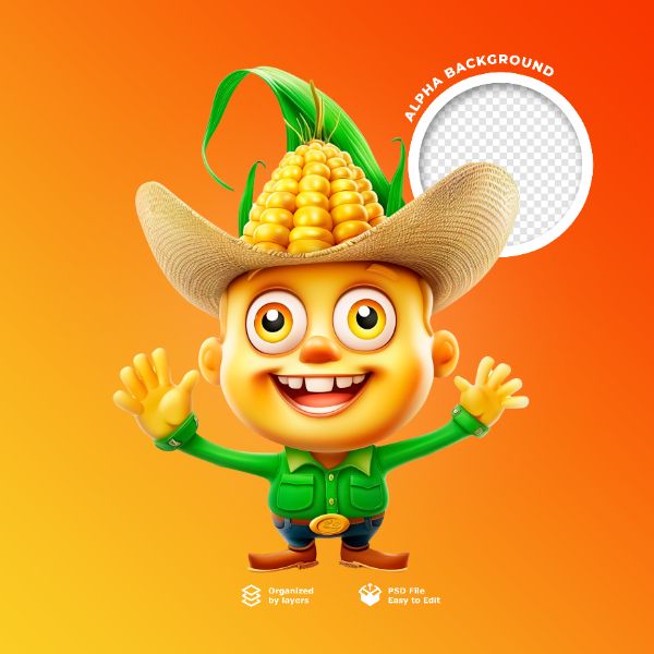 UM PERSONAGEM MILHO FELIZ EM 3D PARA SÃO JOAO