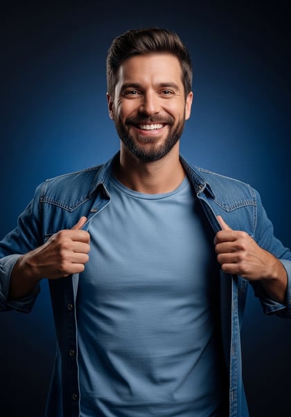 HOMEM BARBUDO SORRIDENTE E CONFIANTE EM CAMISA JEANS E CAMISETA AZUL RETRATO DE ESTÁDIO