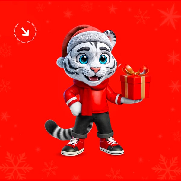 MASCOTE JACK ROUPA NATALINA SEGURANDO UM PRESENTE NA MÃO PSD EDITÁVEL