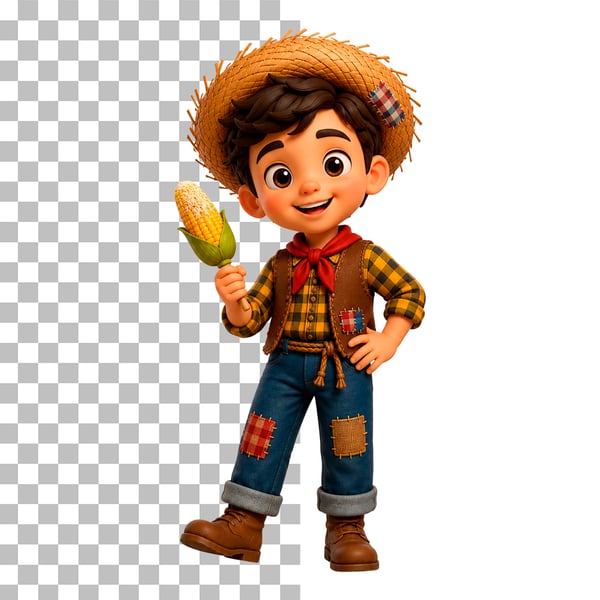 PERSONAGEM COM ROUPA DE SÃO JOÃO COM ESPIGA DE MILHO PSD EDITÁVEL