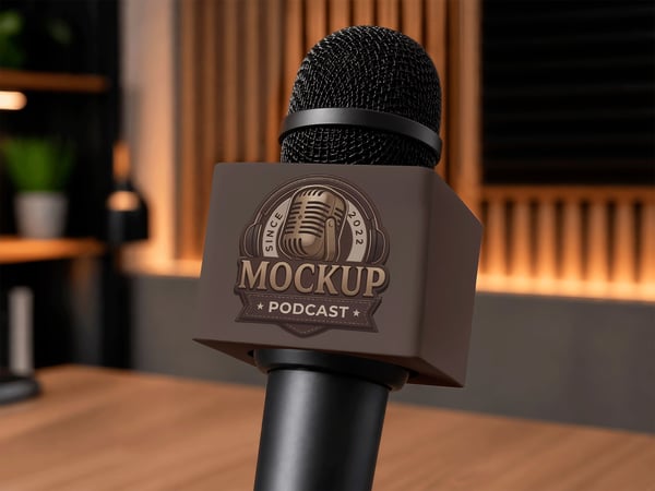 Cubo de microfone mockup em estúdio de podcast mesa ao fundo
