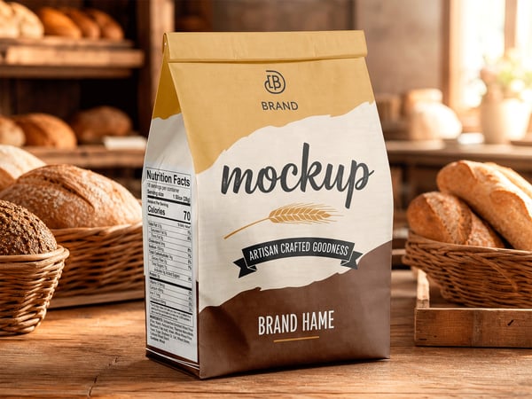 SACO DE PÃO MOCKUP SOBRE BALCÃO PADARIA AO FUNDO
