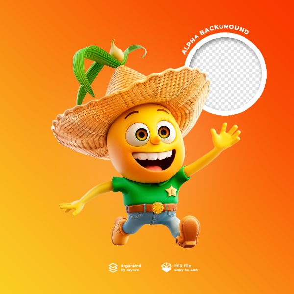 UM PERSONAGEM MILHO FELIZ EM 3D PARA SÃO JOAO