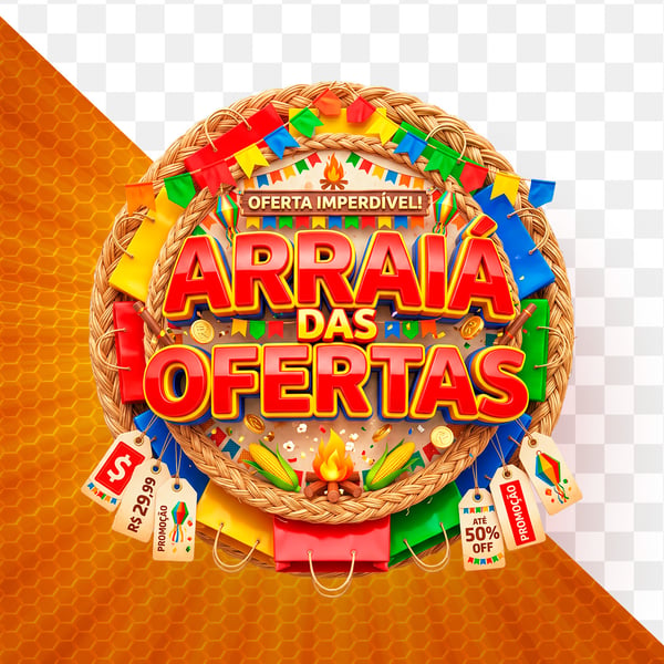SELO 3D PARA SOCIAL MEDIA OFERTAS IMPERDÍVEIS ARRAIÁ DE OFERTAS
