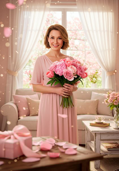 MULHER FELIZ SEGURANDO BUQUÊ DE FLORES PARA COMPOSIÇÃO