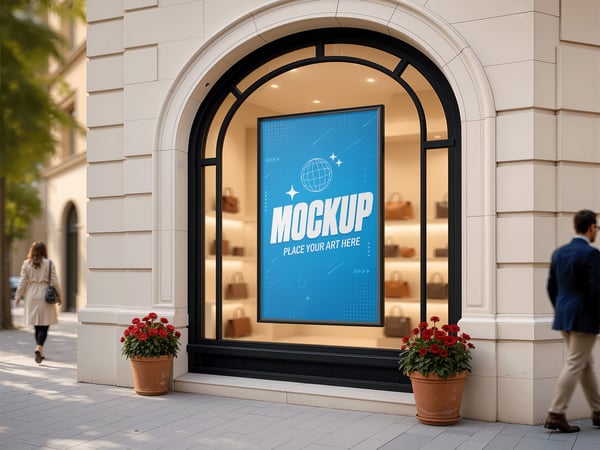 POSTER MOCKUP EM VITRINE ARQUEADA VISTA EM TRÊS QUARTOS