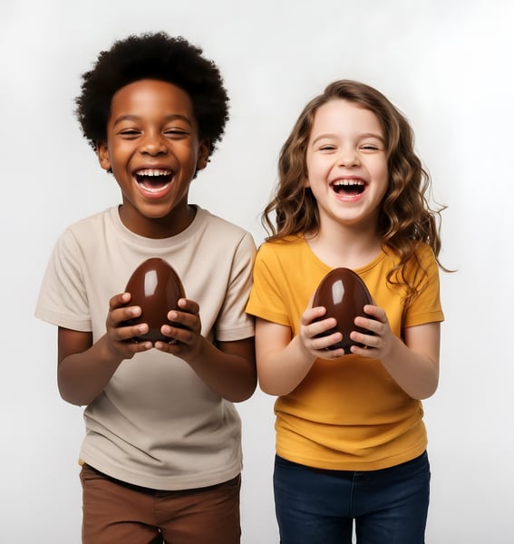 DUAS CRIANÇAS FELIZES SEGURANDO UM OVO DE PÁSCOA NAS MÃOS 02