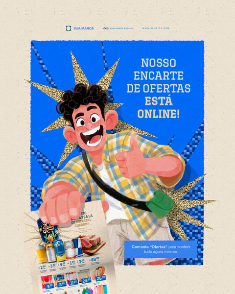 Post São João e Festa Junina Supermercado Encarte Digital Online Social Media PSD Canva Editável