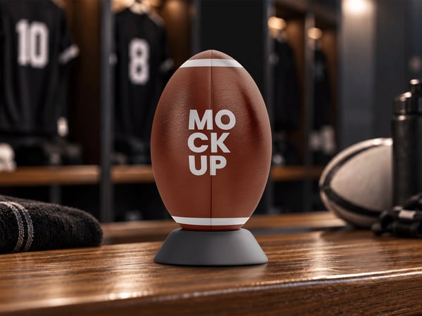 BOLA DE RUGBY MOCKUP EM VESTIÁRIO VISTA FRONTAL