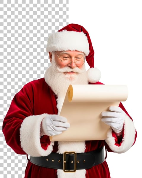 IMAGEM DE COMPOSIÇÃO PAPAI NOEL COM PEGAMINHO NAS MÃOS EM PNG