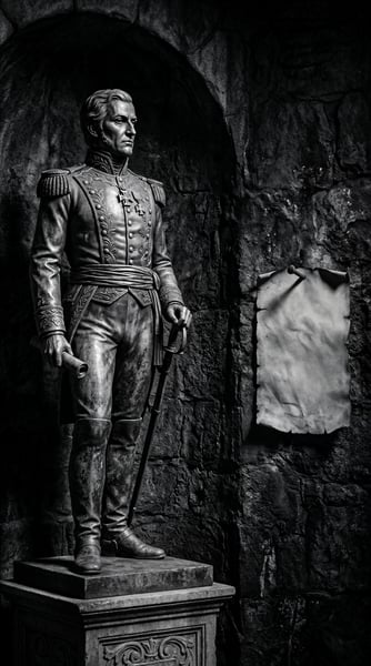 Estátua de Tiradentes com um pergaminho ao lado em preto e branco 1