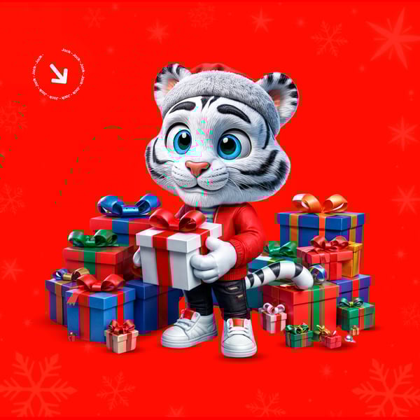 MASCOTE JACK ROUPA NATALINA SEGURANDO UM PRESENTE NA MÃO E EM TORNO VÁRIOS PRESENTES PSD EDITÁVEL