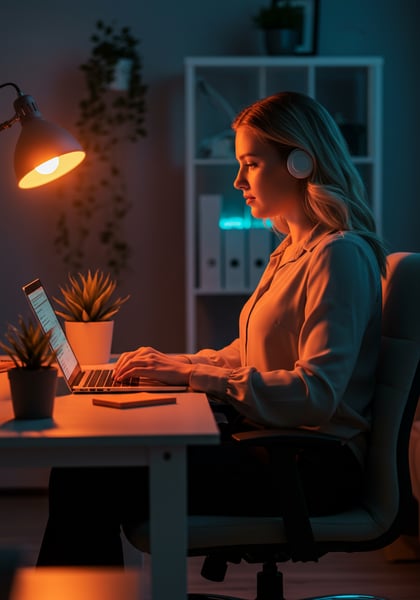 JOVEM MULHER CONCENTRADA TRABALHANDO NO LAPTOP NOITE EM HOME OFFICE COM FONES DE OUVIDO E ILUMINAÇÃO AMBIENTE TRABALHO REMOTO E PRODUTIVIDADE