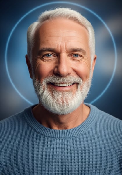 RETRATO DE HOMEM SÊNIOR SORRIDENTE COM BARBA E CABELO BRANCOS SUTER AZUL FUNDO AZUL