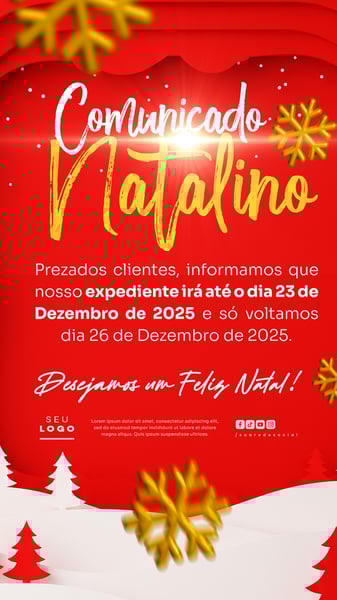 COMUNICADO DE NATAL AVISO ANÚNCIO RECESSO FERIADO SOCIAL MEDIA PSD EDITÁVEL STORY 20