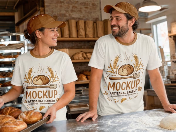 CAMISETA MOCKUP EM EQUIPE DE PADARIA BALCÃO AO FUNDO