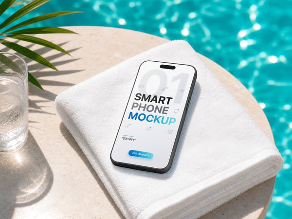SMARTPHONE MOCKUP SOBRE TOALHA PISCINA AO FUNDO