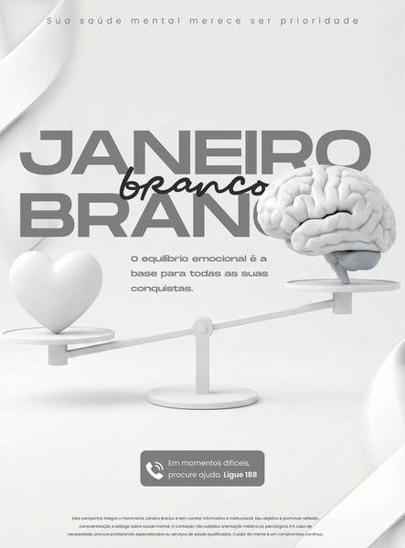 Campanha Janeiro Branco De Saúde Mental Com Equilíbrio De Cérebro E Coração Social Media PSD Editável