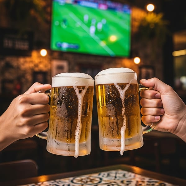 Grupo de pessoas assistindo futebol no bar com cerveja na mão