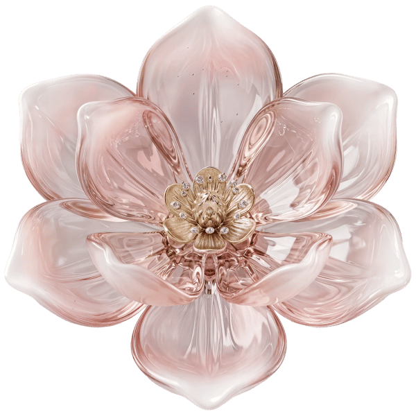 PINK GLASS FLOWER SCULPTURE FEATURING A TEXTURIZED GOLDEN CENTER AND CRISTAIS